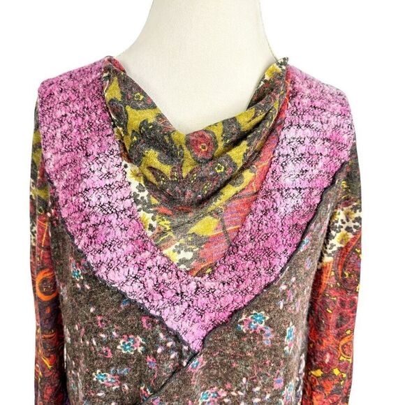 Ali Miles Multi Print & Fabric Tunic Top Art to Wear Layered Sweater Boho Size L - Picture 9 of 10